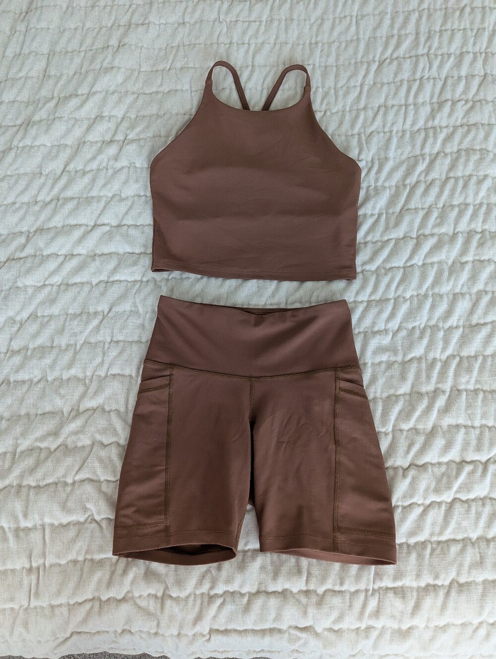 Old Navy Active PowerSoft Set Brown Small Bike Shorts + Medium Crop Tank